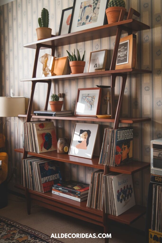 A mid-century modern bookshelf with staggered shelves, styled with art books, potted cacti, and vintage vinyl records for a retro vibe.