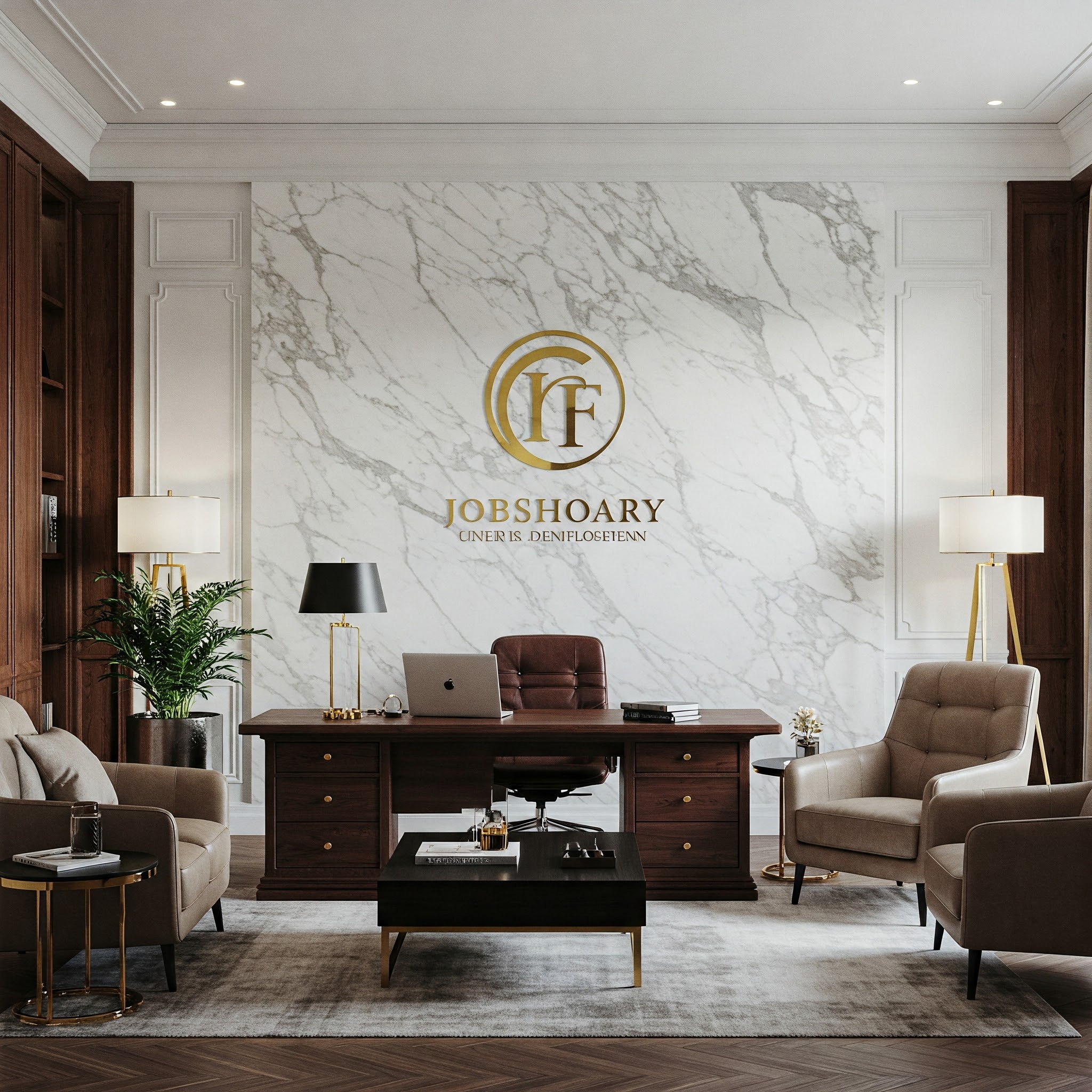 Marble Stone Finish Wall and Gold Logo