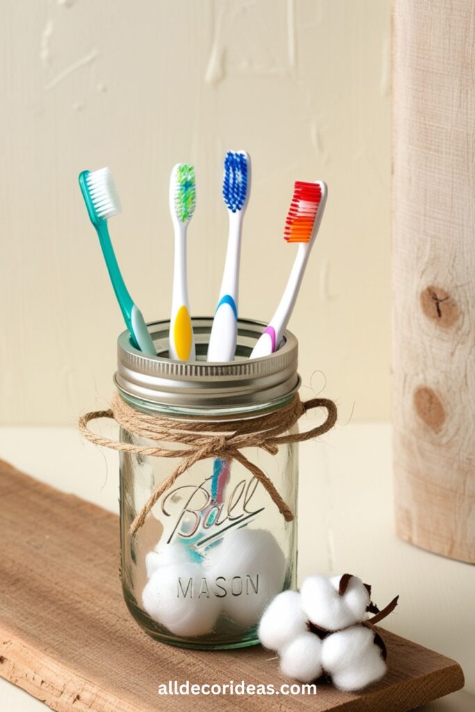 A DIY Mason jar bathroom organizer attached to a wooden plank, holding toothbrushes and cotton balls.