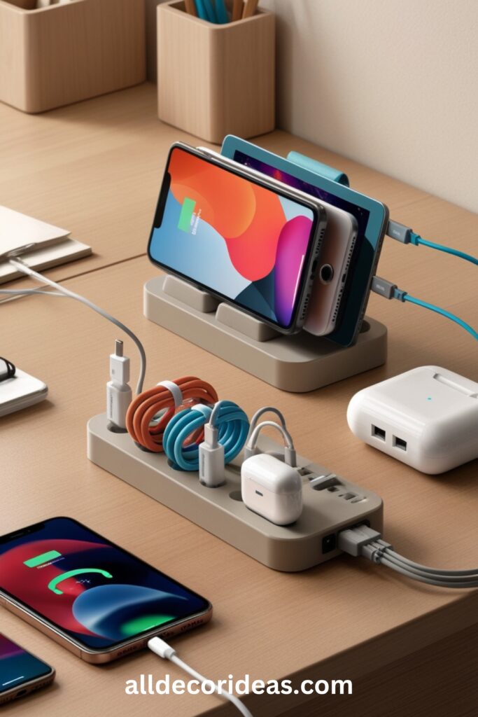 A DIY charging station on a desk, holding multiple devices with cable management.