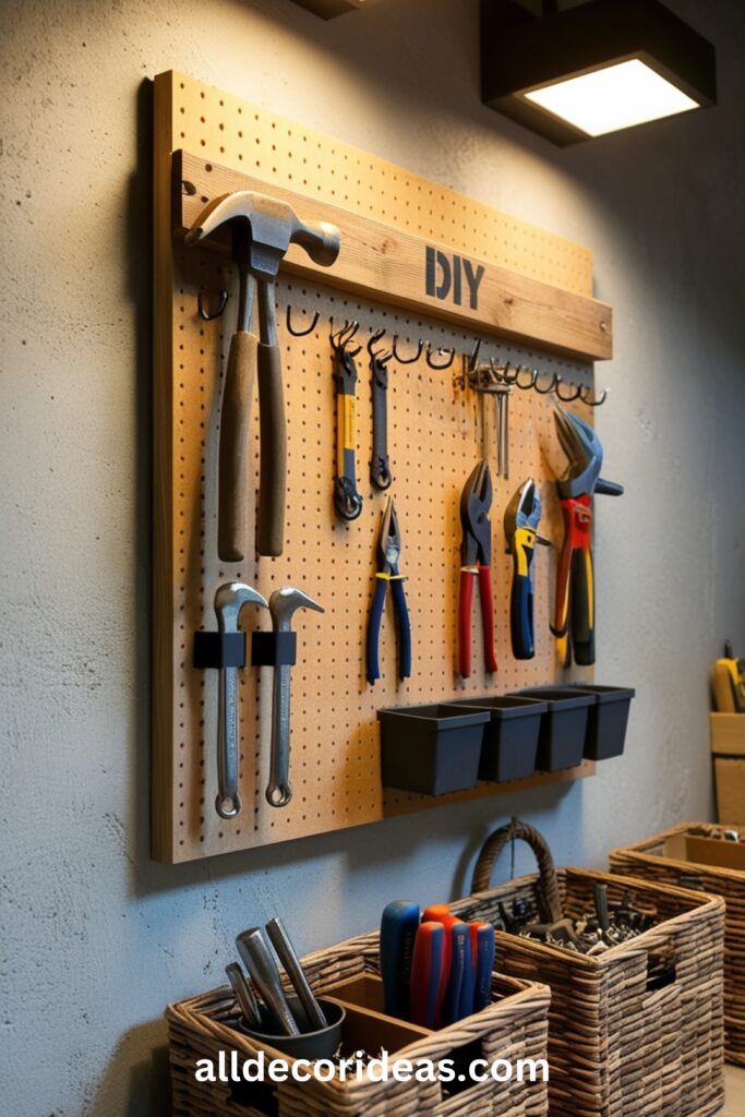 A DIY pegboard organizer mounted on a wall, holding tools and accessories neatly.