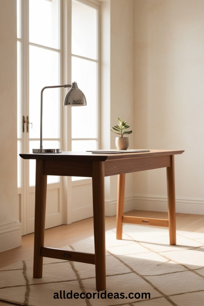 A Japandi-inspired workspace with a wooden desk, neutral walls, simple decor, and large windows letting in natural light.