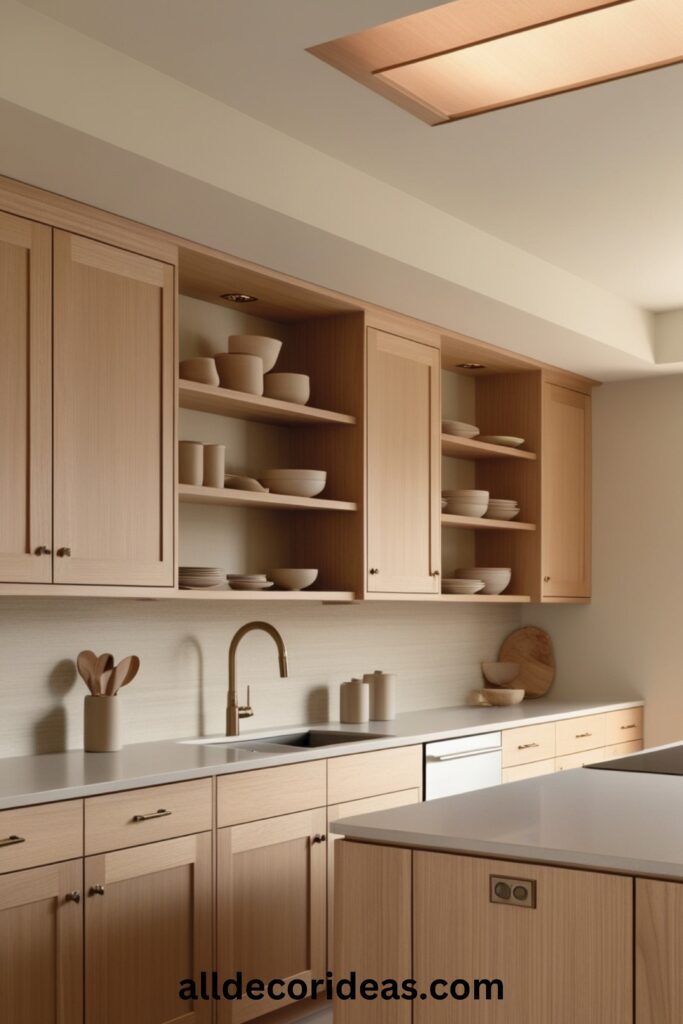 A Japandi kitchen design with natural wood cabinets, open shelving, neutral backsplash, and minimalist kitchenware.