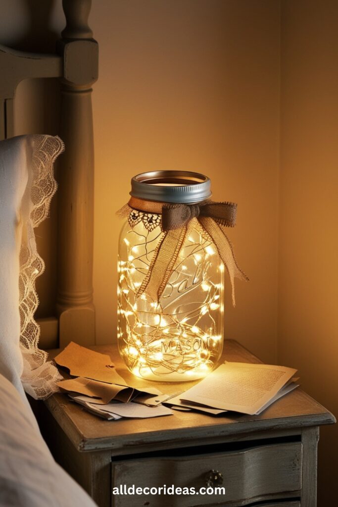 A Mason jar decorated with lace and burlap, filled with fairy lights, placed on a bedroom nightstand.