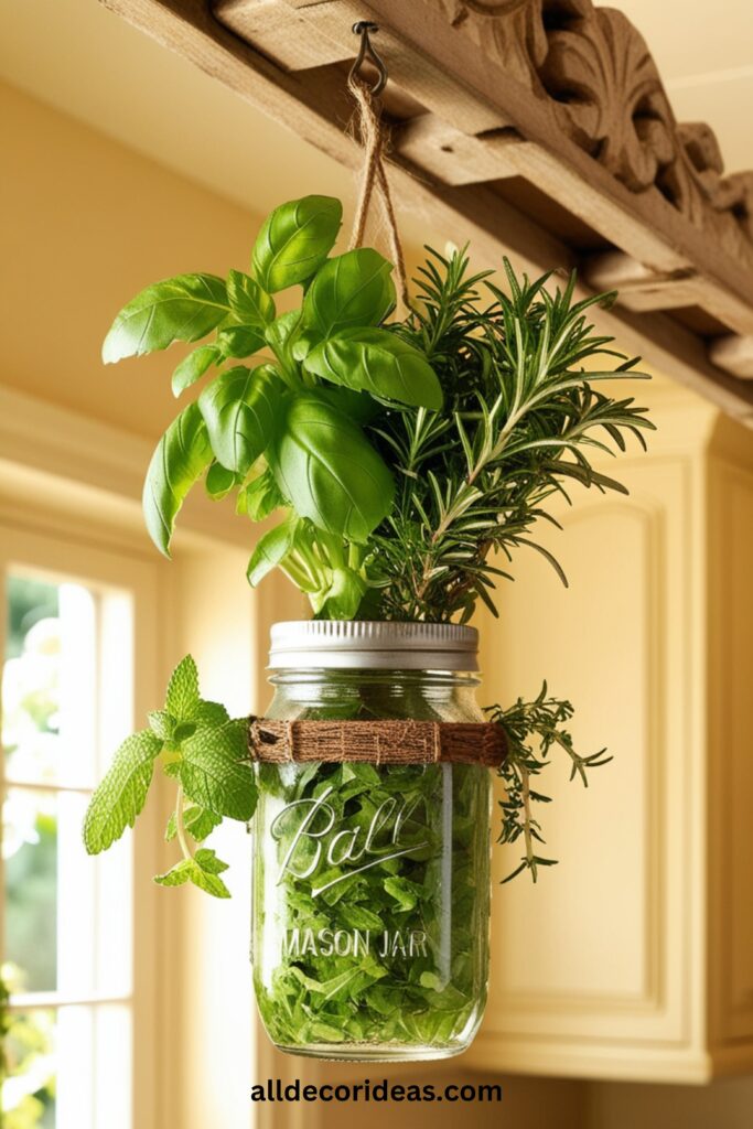 A Mason jar turned into a hanging planter with fresh herbs like basil and mint, hanging by a wooden rack in a cozy kitchen.