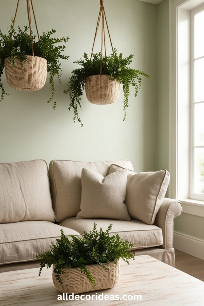 A Scandinavian-inspired setup with a light wood coffee table, hanging planters, and a cozy loveseat against a pale green accent wall.