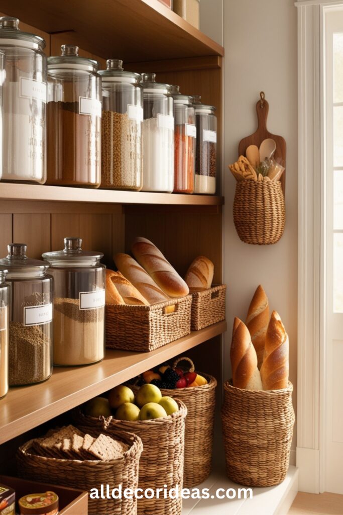 A beautifully organized pantry with clear, labeled jars and woven baskets.