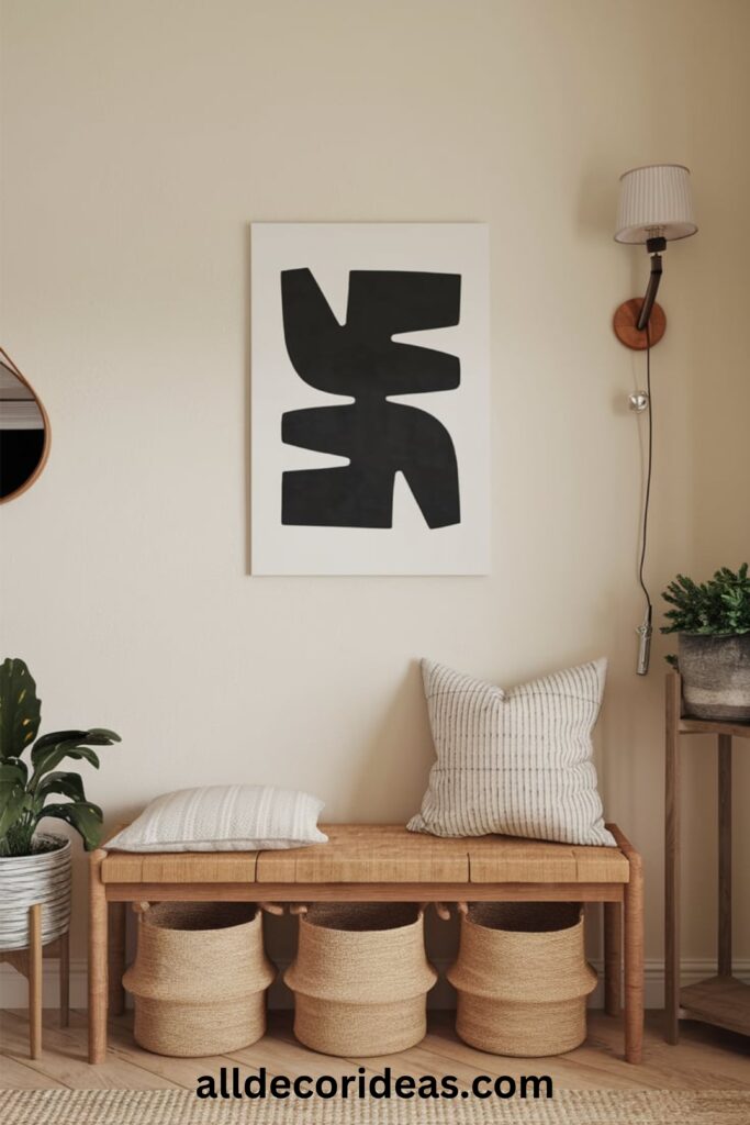 A calming Japandi entryway with a wooden bench, woven storage baskets, a neutral color palette, and simple wall art.