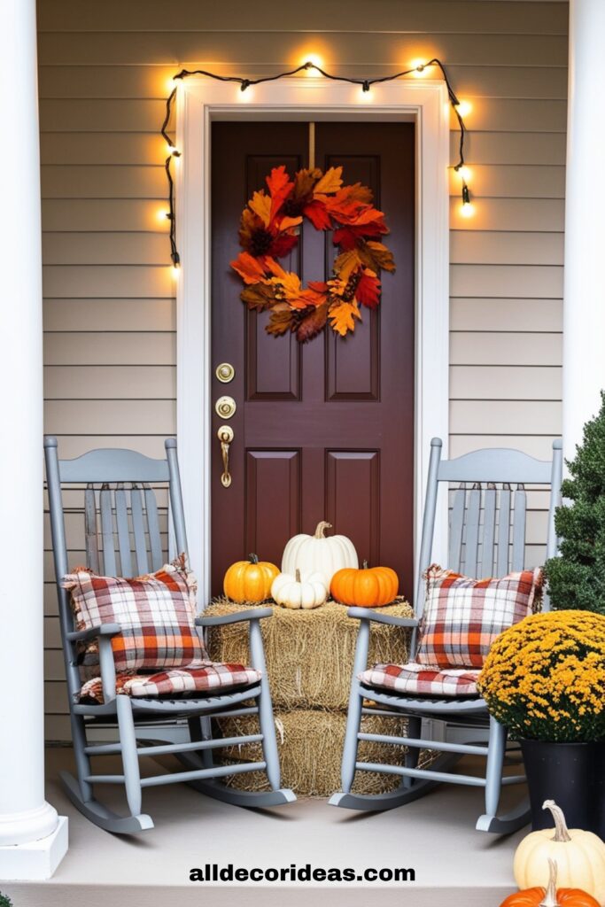 A charming front porch decorated for autumn a pair of rocking chairs with plaid cushions, a hay bale with pumpkins and mums, a wreath of fall leaves on the door, and string lights creating a warm