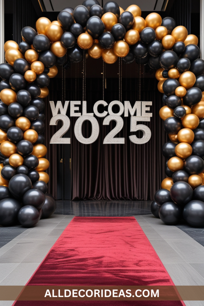 A festive entryway with a 'Welcome 2025' sign, a balloon arch in gold and black, and a red carpet runner.