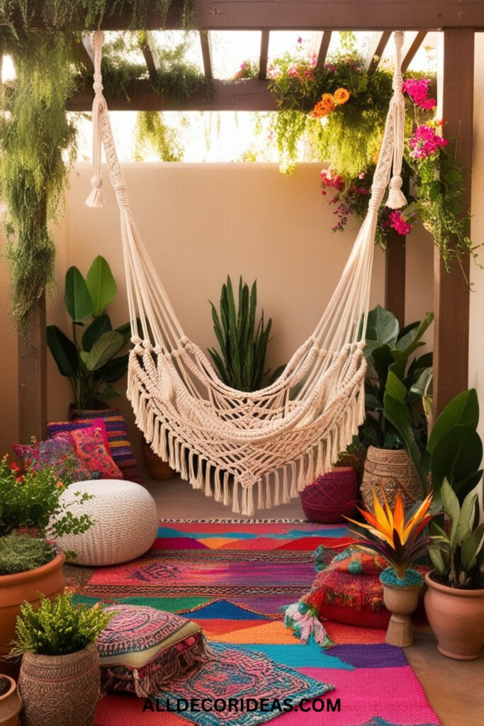 A chic bohemian-style patio featuring a macramé hammock, colorful rugs, potted plants, and an open pergola.