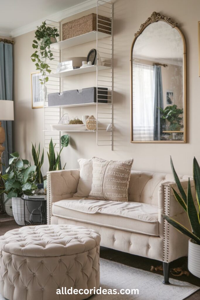 A chic small living room with a wall-mounted storage unit, a tufted ottoman, and a statement mirror above the couch.