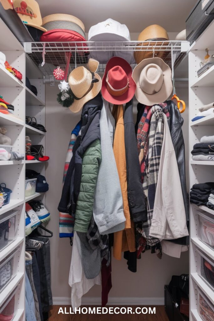 A closet ceiling-mounted rack for seasonal items like hats, jackets, and holiday decorations.