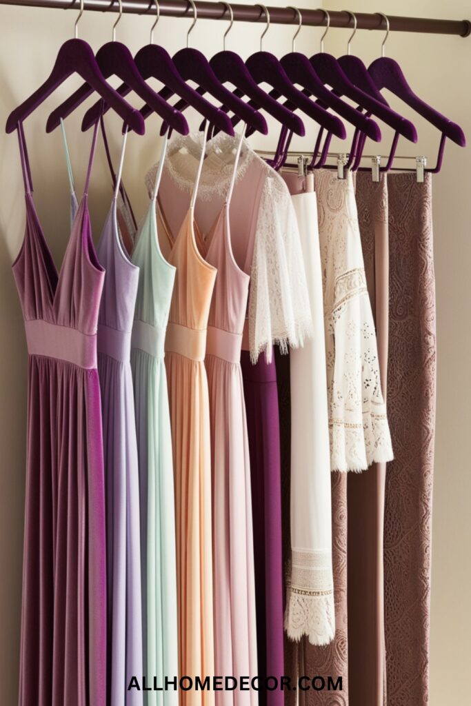 A closet rod with slim velvet hangers holding a variety of dresses, blouses, and pants.