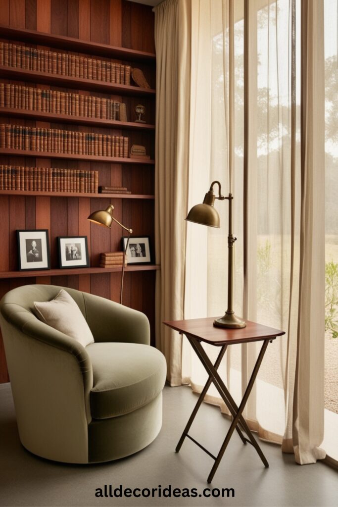 A compact space with a wall-mounted bookshelf, a cozy armchair, and a foldable table in front of a large window with sheer curtains.