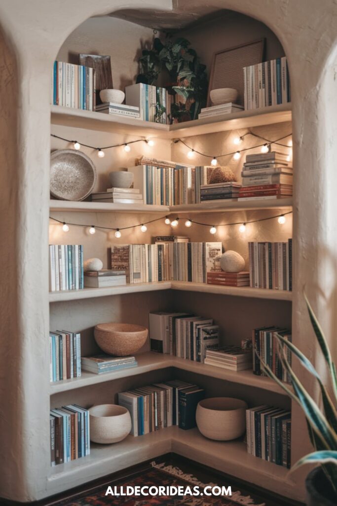 A corner bookshelf featuring books in neutral tones, decorative bowls, and hanging string lights for a cozy ambiance.