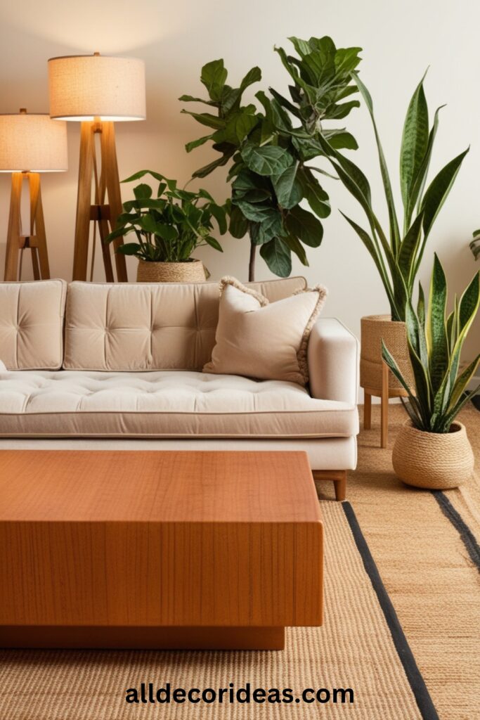 A cozy Japandi living room with a low wooden coffee table, beige sofa, and natural fiber rugs, complemented by indoor plants and soft lighting.