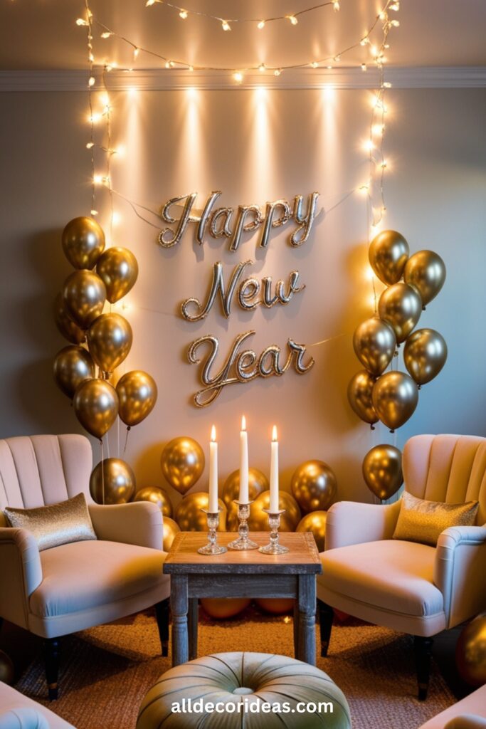 A cozy living room decorated with string lights and gold balloons, featuring a Happy New Year banner and a small table with candles.