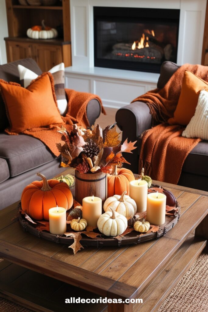 A cozy living room with a rustic fall theme warm orange and brown throw blankets, pumpkin-shaped cushions, a wooden coffee table adorned with candles, and a centerpiece of dried leaves and gourds,