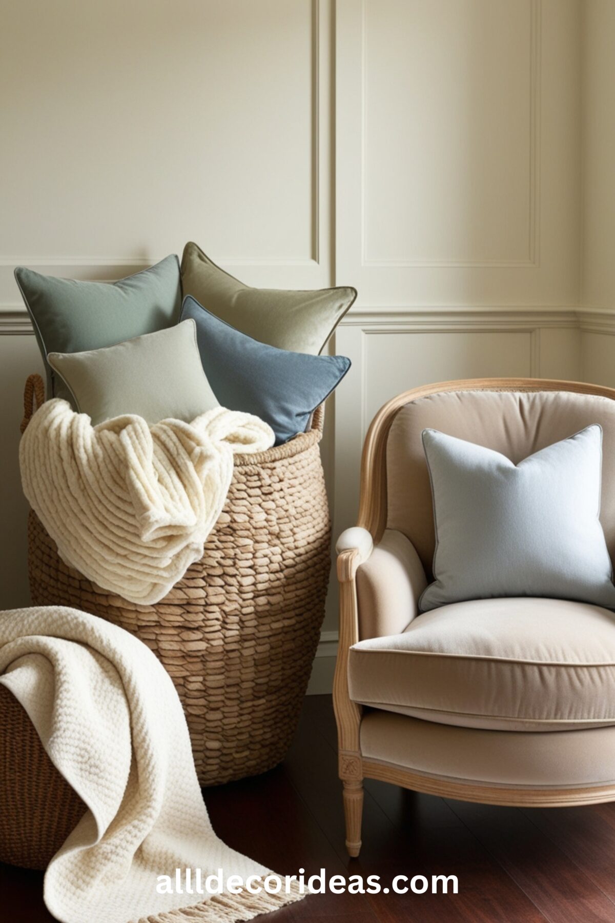 A cozy living room with woven baskets storing blankets and pillows, placed next to a soft beige armchair.