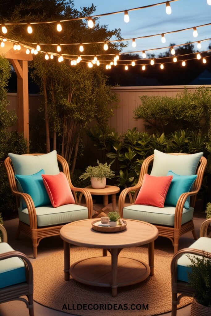 A cozy patio setup with rattan chairs, vibrant throw pillows, a round coffee table, and hanging string lights at dusk.