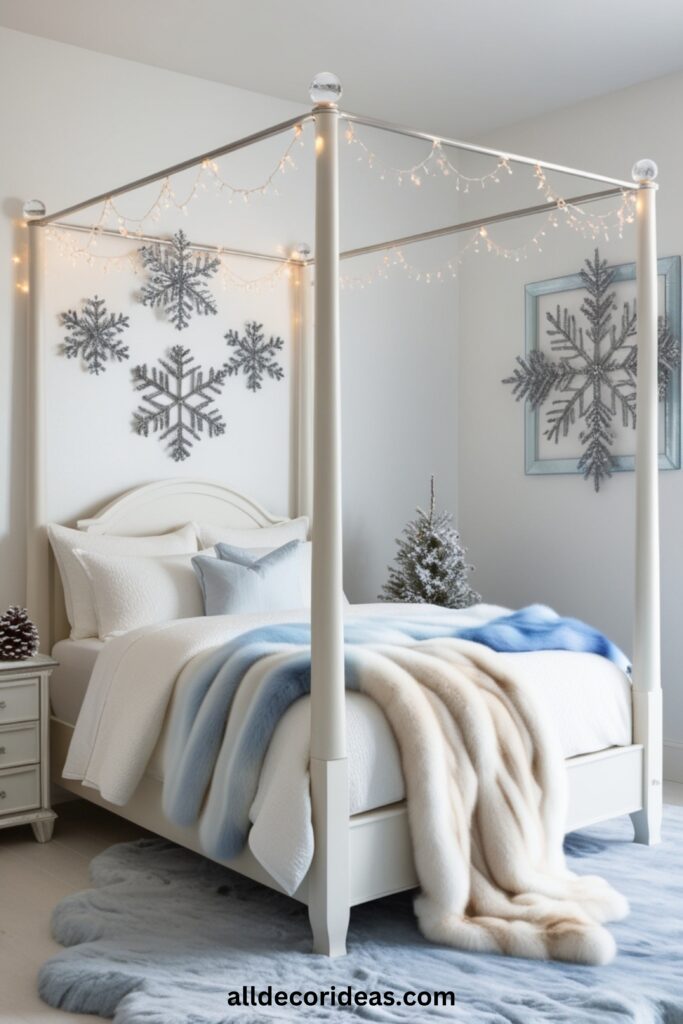 A cozy winter wonderland bedroom with white and icy blue decor, featuring a canopy bed draped in fairy lights, faux fur throws, and snowflake wall art.