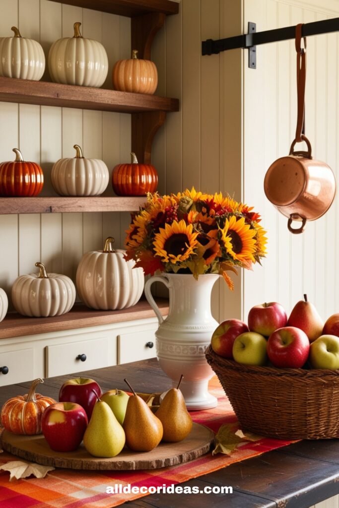 A farmhouse-style kitchen dressed for fall open shelves with pumpkin-shaped ceramics, a plaid table runner, copper pots hanging, and a basket of apples and pears on a wooden countertop.