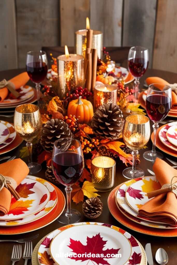 A festive fall-themed table setting plates with fall leaf patterns, orange and gold napkins tied with burlap, wine glasses with cinnamon sticks, and a glowing centerpiece of candles and pinecones.