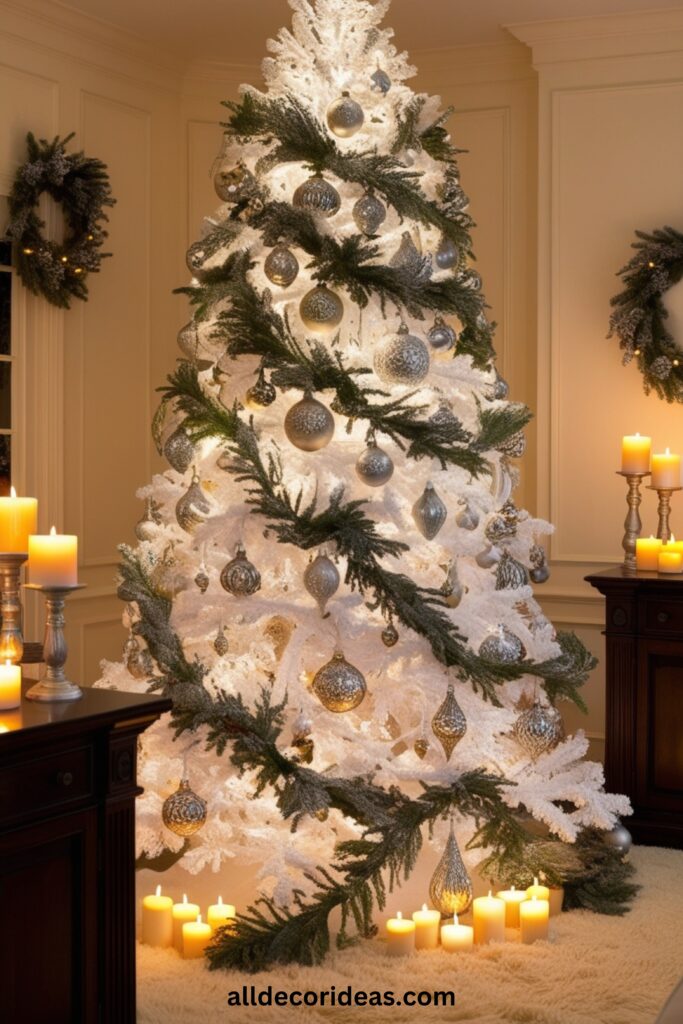 A festive living room with a white Christmas tree adorned with silver and gold ornaments, frosted pine garlands, and warm glowing candles.