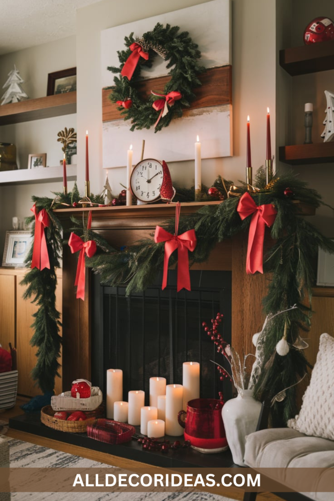 A fireplace mantel decorated with garlands, candles, and a countdown clock for New Year.