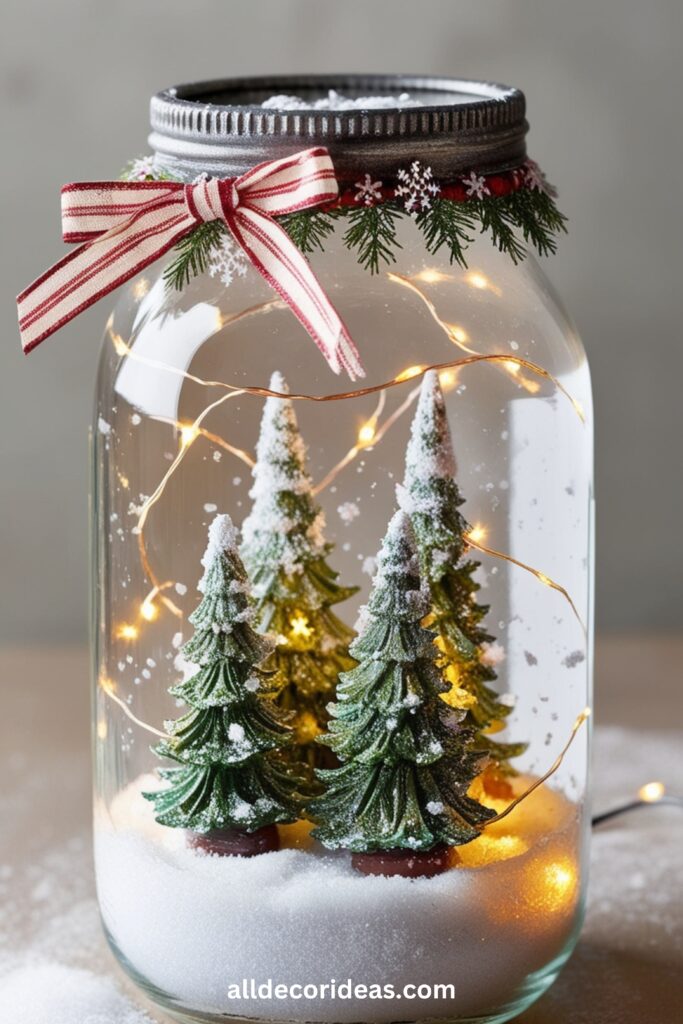 A holiday-themed Mason jar snow globe with artificial snow, mini trees, and LED lights inside.