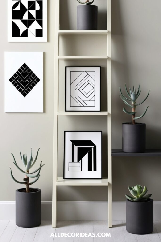 A ladder-style bookshelf with monochrome decor, art prints, and small planters for a sleek, modern vibe.