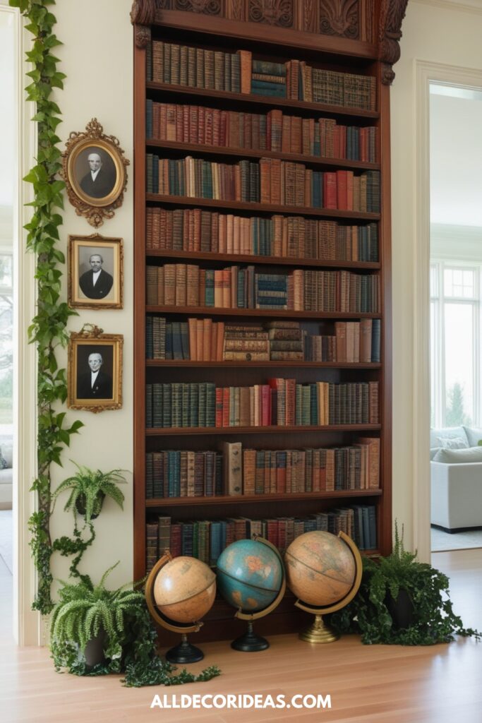 A large built-in bookshelf styled with books, globe decor, picture frames, and greenery, set in a bright, airy living room.