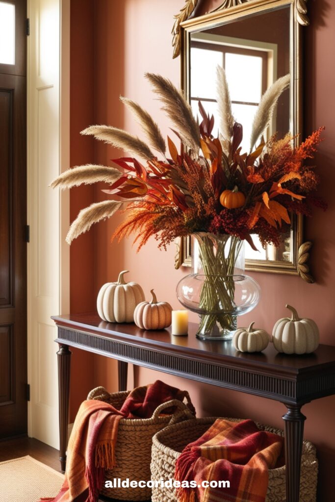 A luxurious entryway styled for fall a console table with a gold mirror, a vase filled with pampas grass and fall foliage, small ceramic pumpkins, and a woven basket with plaid throws underneath.