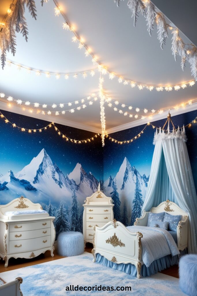 A magical nursery decorated with a starry winter night theme, complete with glowing string lights and snowy mountain wall decals.