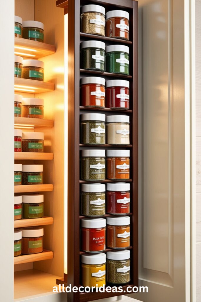 A magnetic spice rack mounted inside a cabinet door with neatly arranged spice jars.