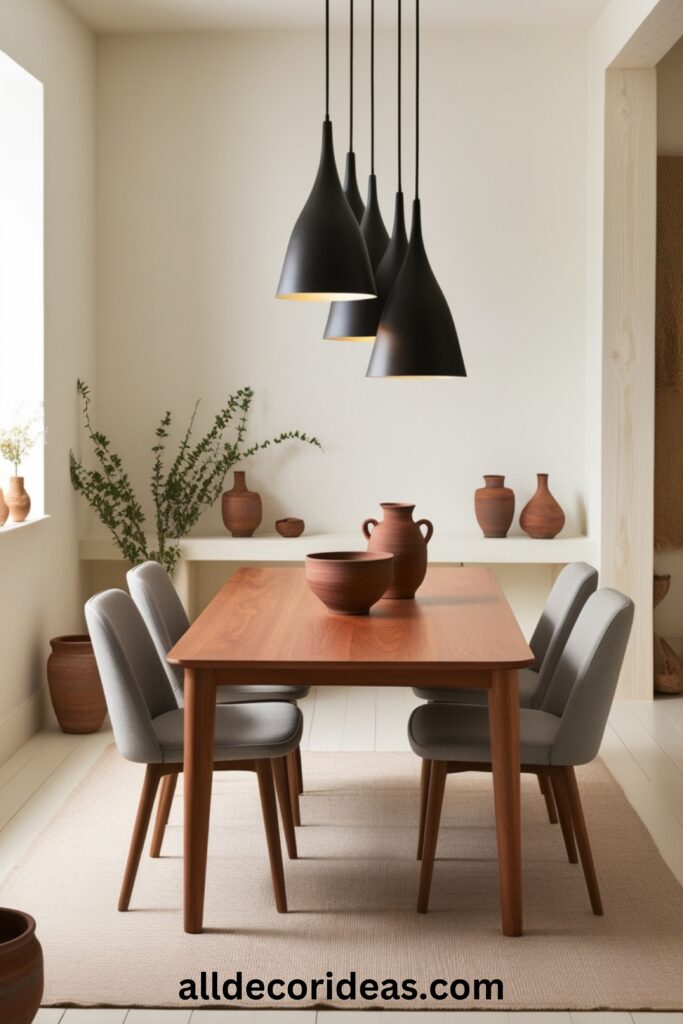 A minimalist Japandi dining area with a wooden dining table, sleek chairs, pendant lighting, and earthy-toned ceramics.