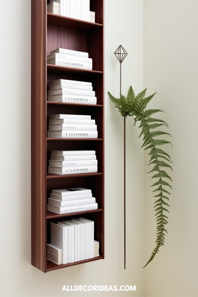 A minimalist bookshelf with neatly stacked books, a small sculpture, and a single trailing plant creating a clean look.