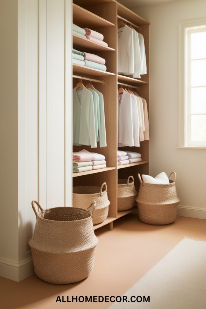 A minimalist closet featuring adjustable wooden shelving filled with neatly folded clothes and baskets.