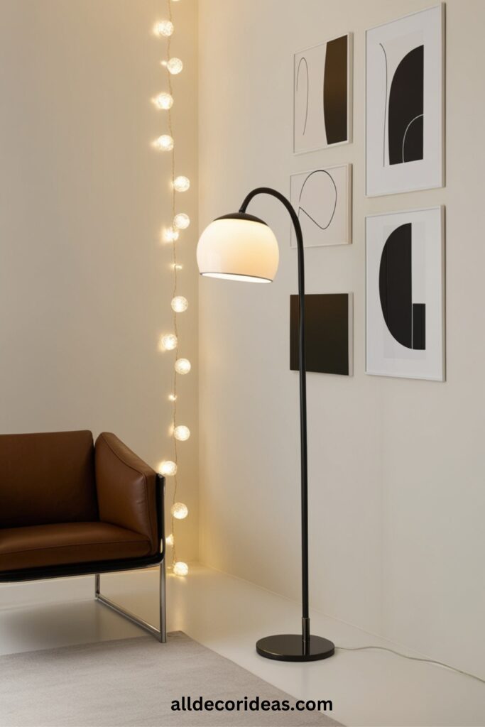 A minimalistic room decorated with monochromatic wall art, geometric fairy lights, and a chic floor lamp.