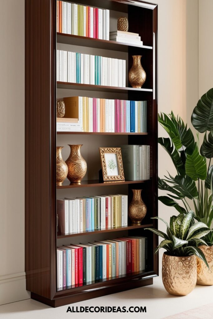 A modern bookshelf styled with books arranged by color, interspersed with gold-accented decor pieces and potted plants.