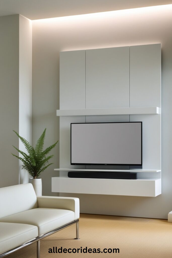 A modern living room with a minimalist white entertainment unit, a slim-profile couch, and a small indoor plant by the corner.