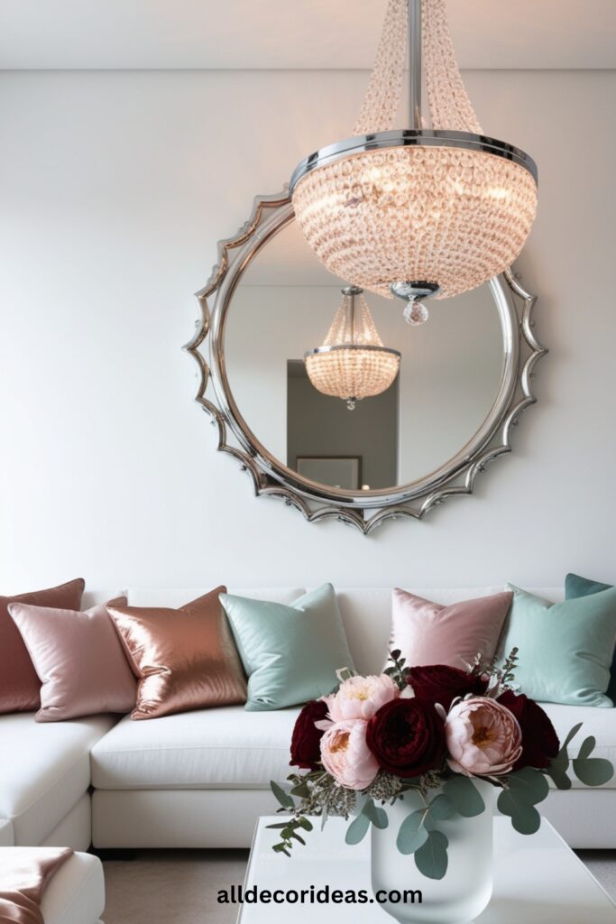 A modern room with metallic and pastel-themed throw pillows, a large mirror with garland lighting, and elegant floral arrangements.