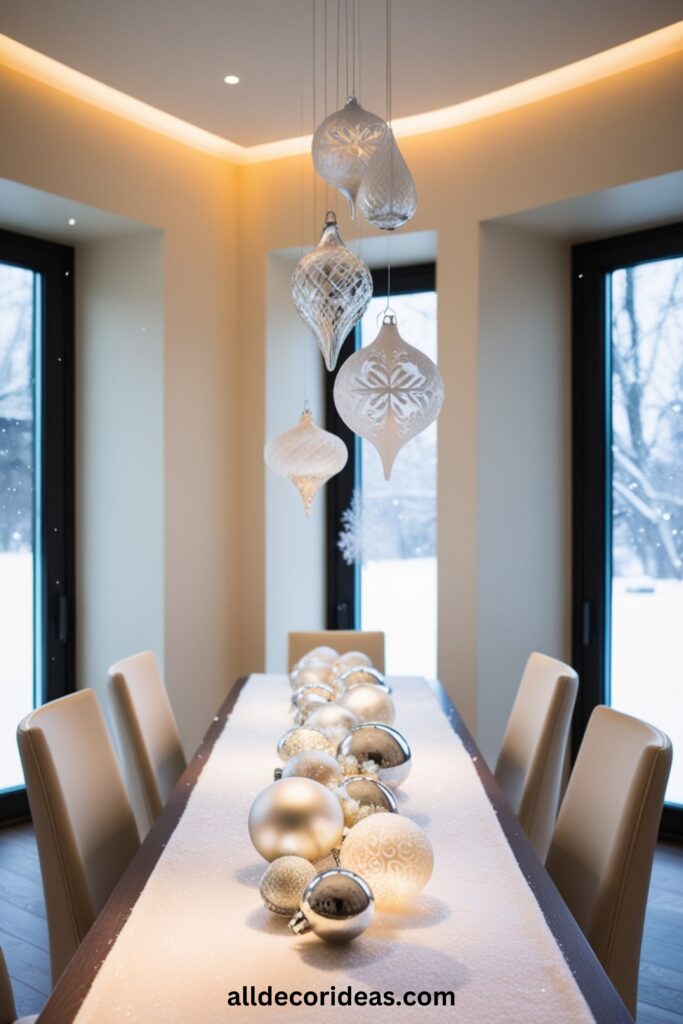 A modern winter dining room with a centerpiece of frosted glass ornaments, a snowy table runner, and soft ambient lighting.