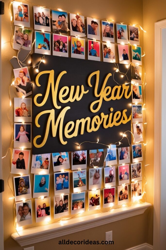 A room with a photo wall, featuring Polaroid pictures, fairy lights, and a creative “New Year Memories” sign.