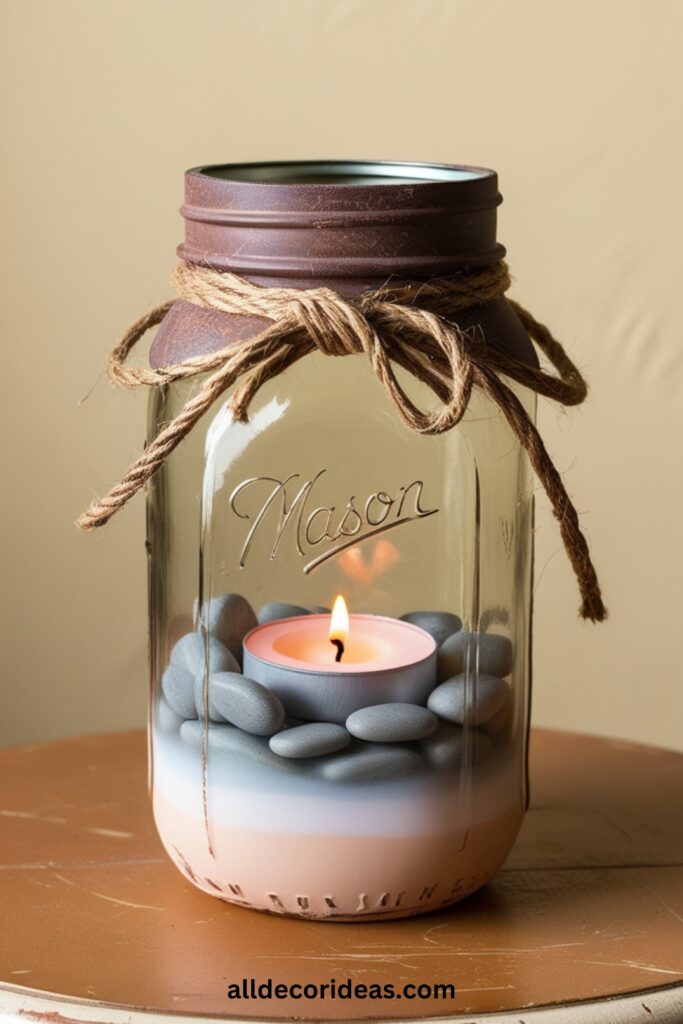 A rustic Mason jar candle holder with twine accents, filled with pebbles and a glowing tea light inside, sitting on a wooden table.