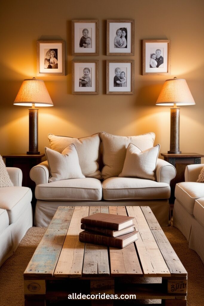 A rustic coffee table made from repurposed wooden pallets, with a cozy living room setup.