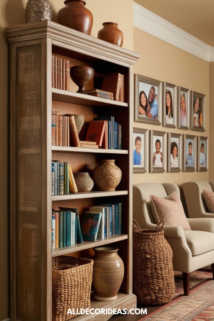 A rustic wooden bookshelf showcasing a mix of books, ceramic vases, woven baskets, and family photos in a cozy setting.