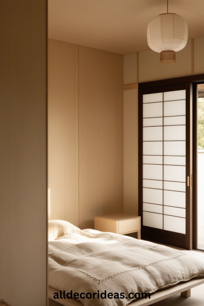 A serene Japandi-style bedroom featuring a futon bed, light wood furniture, soft linen bedding, and shoji-inspired sliding doors.