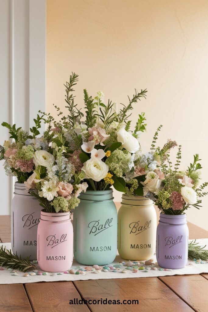 A set of colorful Mason jars painted with pastel chalk paint, arranged as a centerpiece on a dining table, holding fresh flowers.